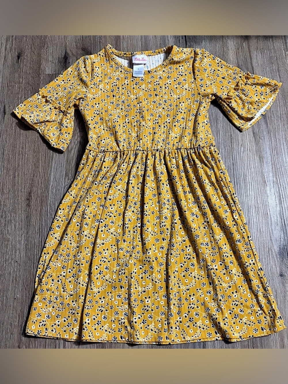 Little Lass - Floral Dress - Mustard,
Navy and White - Size - 7